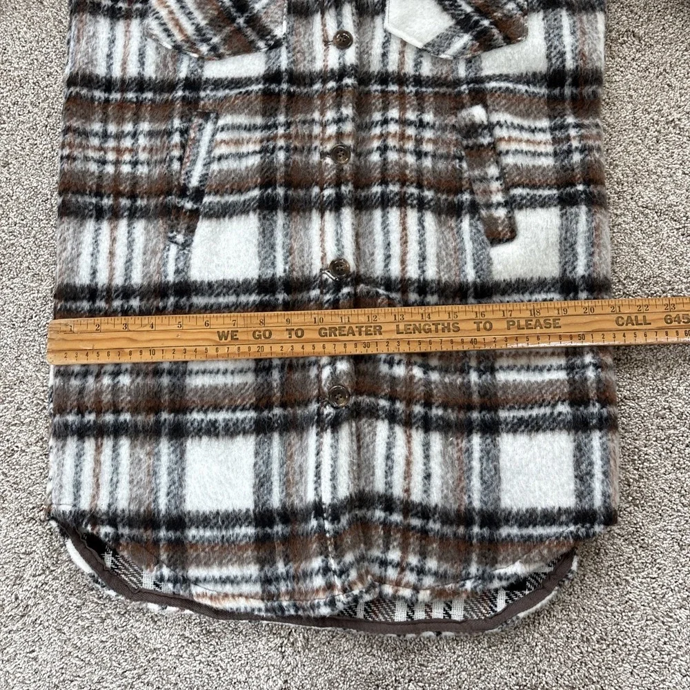 Blank NYC Womens Small Plaid Shacket Jacket Fuzzy Button Down‎ Brown White